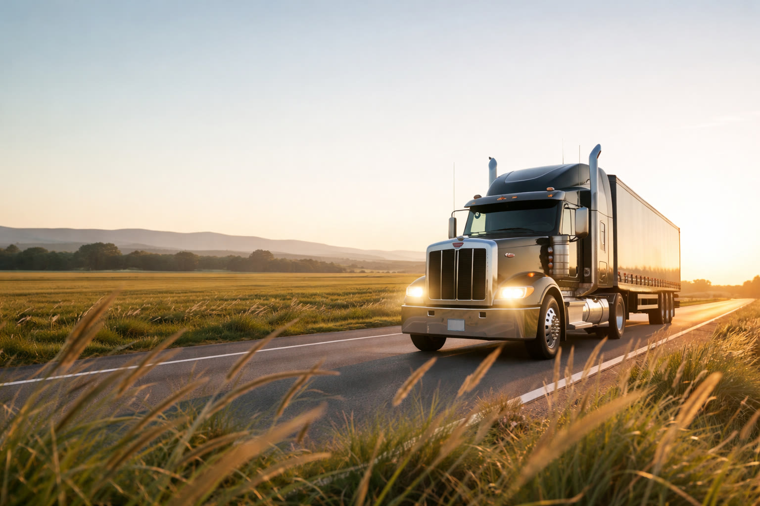 Semi truck on a rural highway at golden hour